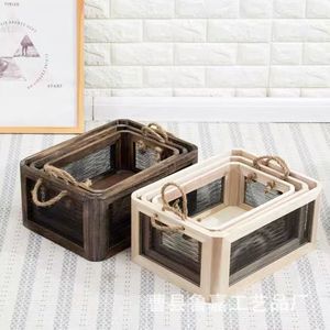 Retro Wooden <b>Storage</b> <b>Basket</b> With Wire Mesh Rectangle Shape For Toys Organizer Natural Wood Color Charcoal Grilled Color - Product Image 2