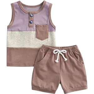 Ensembles de vêtements pour garçons, été, coton, trois couleurs, débardeur Henley, short à cordon de serrage, tenue pour bébé, <span class=keywords><strong>petit</strong></span> garçon, 2 pièces - Product Image 5