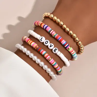 Set di bracciali Surfer 5 pezzi braccialetto di perline arcobaleno disco in vinile africano 6mm perline braccialetto di corda elastica in argilla polimerica