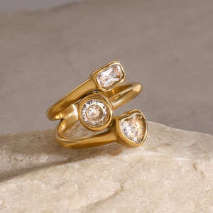 Fashion Rings 18k Gold Stainless Steel Three Layer Heart Round <b>Square</b> Zircon Bezel Setting Unisex Gift Jewelry - Product Image 3