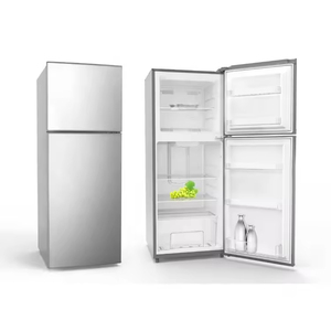 Réfrigérateur à montage supérieur en acier inoxydable avec porte ouverte affichant les étagères et les compartiments de rangement intérieurs - Product Image 1