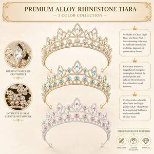 Diadème de Mariée Élégant en Cristal Coloré, Couronne Florale en Strass Or, Argent, Rose, Rouge, Bleu, pour Mariage, Reine, Coiffe de Mariée - Product Image 1