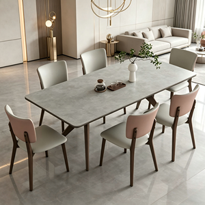 Ensemble <span class=keywords><strong>de</strong></span> salle à manger <span class=keywords><strong>4</strong></span> à 6 <span class=keywords><strong>chaises</strong></span> gris avec <span class=keywords><strong>chaises</strong></span> modernes ovales <span class=keywords><strong>de</strong></span> luxe en teck et pierre frittée pour table à manger en <span class=keywords><strong>bois</strong></span> massif - Product Image 1