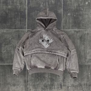 Sweat à capuche surdimensionné en coton éponge patchwork épais, style hip-hop, avec découpe personnalisée, vente en gros - Product Image 4