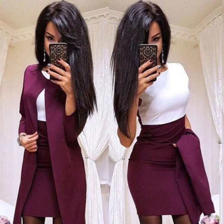 In Stock Most Popular Business Suits For Women Mini Skirts Set Long Sleeve Formal Ladies Office Suits