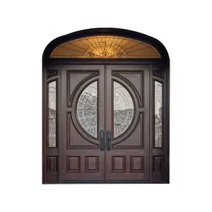 现代外观木质玻璃前门设计房屋主入口半圆拱顶双实木门设计