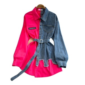 <span class=keywords><strong>Chemise</strong></span> en <span class=keywords><strong>jean</strong></span> à blocs de couleur à taille ajustable avec ceinture, haut mi-long décontracté chic pour <span class=keywords><strong>femme</strong></span>, nouveauté printemps - Product Image 1