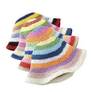 Chapeau de paille de mode pour femmes Chapeau de paille respirant arc-en-ciel Crochet fait à la main Ahat Panamas Printemps Pare-soleil Chapeaux de plage Chapeau de paille pour femmes