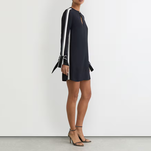 Abito da donna elegante <span class=keywords><strong>nero</strong></span> a maniche lunghe <span class=keywords><strong>con</strong></span> bordo a contrasto, scollo a goccia e polsini <span class=keywords><strong>con</strong></span> laccetti, casual per feste - Product Image 2