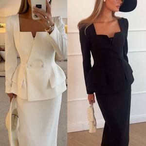 Women's New Arrival Long-Sleeve Top With Pockets, <b>Square</b> Neckline, Skirt, Casual Loose-Fit 2-Piece <b>Set</b> Fashion - Product Image 3