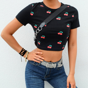 Camiseta de manga corta con ombligo y estampado de cereza <span class=keywords><strong>para</strong></span> <span class=keywords><strong>mujer</strong></span> de <span class=keywords><strong>Amazon</strong></span> transfronterizo europeo y americano New Ins <span class=keywords><strong>para</strong></span> <span class=keywords><strong>mujer</strong></span> - Product Image 3