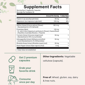 תוסף תזונה מתקדם סאפרון+ 90 כמוסות צמחיות 10 ב-1 תמצית סאפרון ויטמין <span class=keywords><strong>C</strong></span> מגנזיום כורכום אשוגנדה נוגד חמצון - Product Image 2