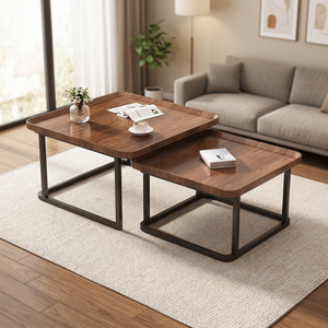 Modern Wood Coffee <b>Table</b> Set <b>Nesting</b> Metal Frame Living Room Furniture Minimalist Design - Product Image 1