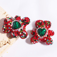 Perles en argile polymère en forme de cœur, motif petit ours, entièrement ornées de strass, à trou droit, pour breloques de téléphone, porte-clés et chaînes de sac DIY