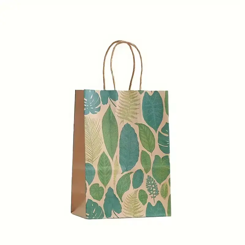 Saco de papel para presente de mão, sacola de compras com folhas simples e flores verdes, material para pequenas empresas, sacola para presente de festa de aniversário