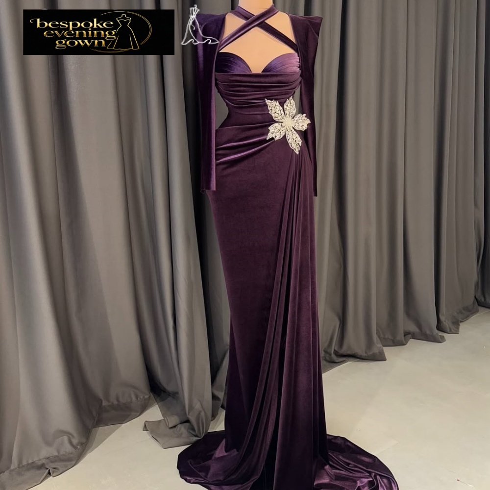 fitted lace wedding dress Side-Drape V-Neck Long Formal Dress with Long Sleeves Eggplant / 2
