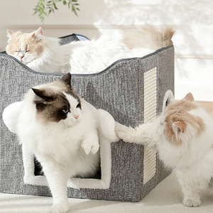 Cama tipo cueva para gatos esponjosa y gris, moderna bola de lino, plegable colgante, escondite para gatos, tienda para perros pequeños, diseño sólido, Cama Cueva Para Gatos - Product Image 5