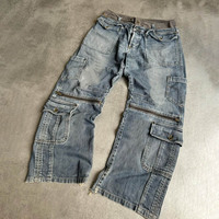 Aupa celana lurus pria, Jeans longgar musim dingin Retro industri berat multi-saku desain ritsleting gaya jalanan tinggi Distressed