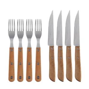 8件不锈钢刺槐竹木柄平器餐叉和刀组
