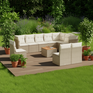 Ensemble de canapés de jardin en rotin beige, mobilier d'extérieur avec coussins en mousse haute densité, design contemporain imperméable - Product Image 2