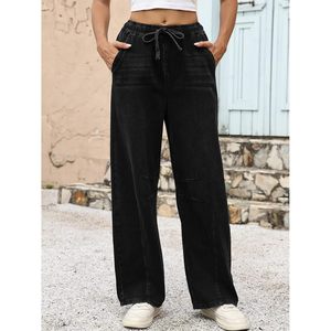 Jean Barrel pour femme FOXA, taille haute, jambe large, avec cordon de serrage, en denim, avec poches, en toile respirante - Product Image 2