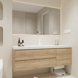 Modern Light Wood Bathroom Vanity <b>Floating</b> Bathroom Cabinet with LED Mirror Integrated Sink - Product Image 3