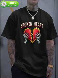 T-shirt Broken Heart Skull Hand da uomo in cotone nero 180g a maniche corte con collo rotondo, stile street, stampa jersey, vestibilità regular - Product Image 3