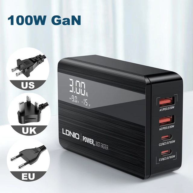 LDNIO A4809C Most Selling Product QC3.0 PD 4 USB Gan Phone Charger Adapter for Laptop Mobile Phone 100W Gan Power Charger