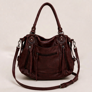 Sac fourre-tout en cuir bordeaux de qualité supérieure à multiples poches pour femmes, sac à main de voyage élégant et luxueux, toutes saisons, fermeture à glissière - Product Image 1