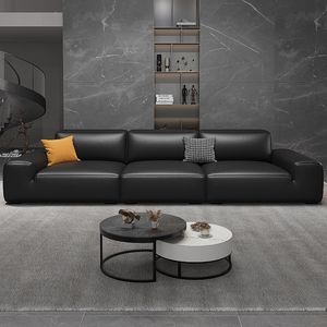 Italian Minimalist Black Bull Leather <b>Sofa</b> Straight Latex Block Couch <b>For</b> Living Room Apartment And Rental House - Product Image 1