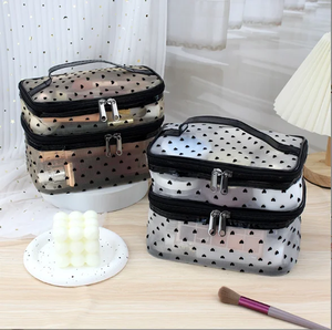 Sac de toilette personnalisé en tissu floqué en forme de cœur, sac cosmétique en maille, pochette de maquillage portable à fermeture éclair - Product Image 5