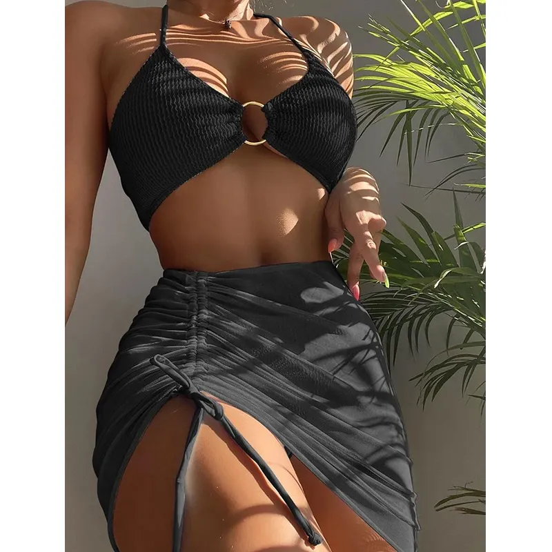 Benutzer definierte Bade bekleidung mit hoher Taille Beach wear Designer Badeanzug Beach 3-teiliges Bikini-Set mit Vertuschung