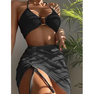 Custom High Waist Swimwear Beachwear Designer Swimsuit Beach 3 Pieces Bikini Set With Cover Up