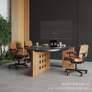 Solid Wood Conference Table Curved Design Office <b>Desk</b> Chair Set Meeting Training Room Furniture - Product Image 3