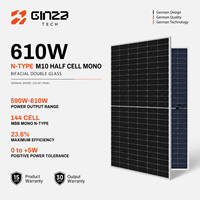 Panel Surya GINZA 610W Tipe-N Bifasial Kaca Ganda 144 Sel Setengah IP68 Modul PV untuk Sistem Surya Rumah dan Komersial