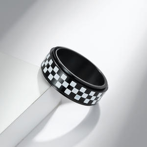 Men's Black White Checkered Titanium Steel Rotating <b>Ring</b> Geometric Design Index Finger Jewelry Gift - Product Image 3