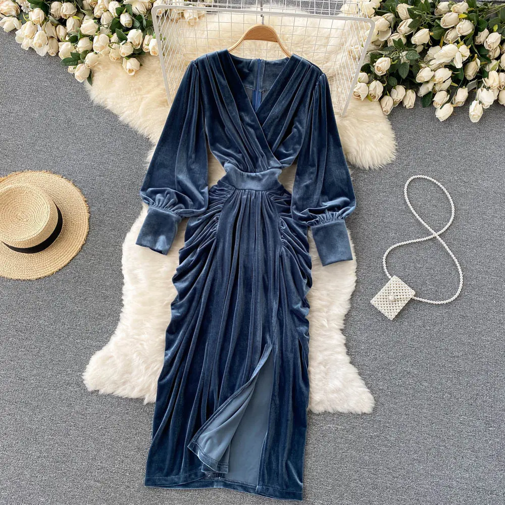 अनुकूलित उच्च अंत महिलाओं के pleated पोशाक स्कर्ट शरद ऋतु सर्दियों नई लंबे बाजू वि गर्दन नीले ग्रे मखमल की पोशाक