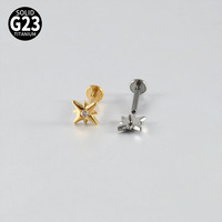 Piercing de mode en alliage de titane G23, design étoile octogonale incrustée de zircon, barre plate à filetage interne, pour oreille et lèvre