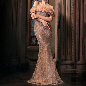 Abito da sera plissettato a sirena con paillettes color Champagne per cocktail party, abbigliamento per ospiti di nozze - Product Image 6