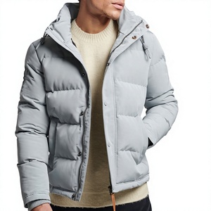 Veste matelassée à capuche pour homme, gris clair, coupe-vent, fermeture éclair, vêtement d'hiver décontracté, rembourrage épais en polyester, coupe régulière - Product Image 1