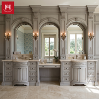 Meuble-lavabo double de luxe Happy Houses en bois massif gris de style européen avec station de toilette centrale et pilastres corinthiens