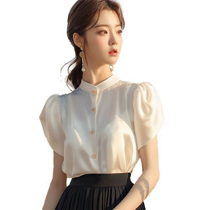 Droma, recién llegado, <span class=keywords><strong>blusa</strong></span> de manga corta hinchada de satén blanco informal francés, blusas y camisas para mujer, blusas de moda - Product Image 6