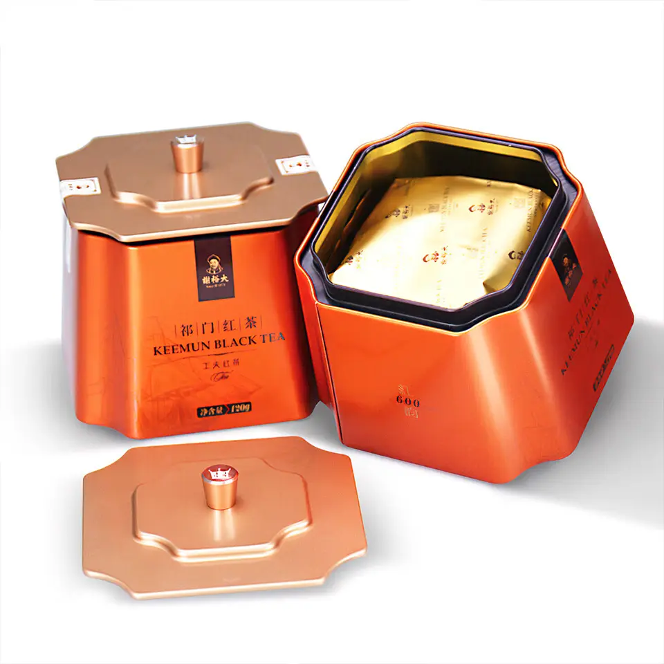 JYB luxury orange color airtight food grade storage gift tin can sugar tin container metal tinplate tea packaging