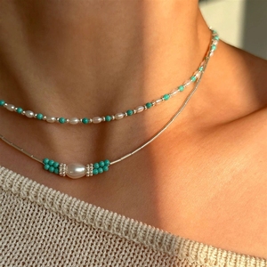 Collar de Plata de Ley 925 con Turquesa y Perla en Tubo, Piedra Preciosa Natural, Cadena Ajustable, Joyería Esencial para el Día a Día - Product Image 2