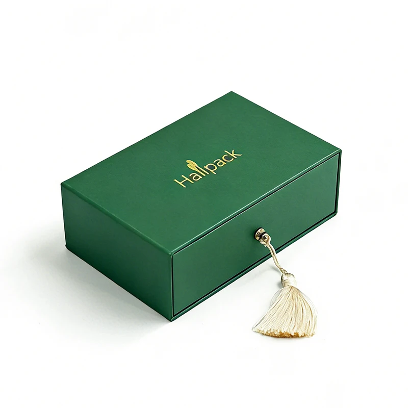 Eco-friendly Custom Printed Green Paper Drawer Box With Cotton Tassel Luxury Gift Packaging Box For Cosmetics Jewelry Storage