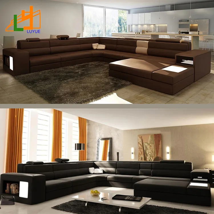 Sofá de piel auténtica de diseño moderno de calidad dorada, conjunto de sofás en forma de l para sala de estar