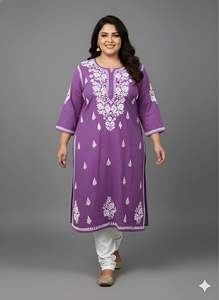 Kurti de algodón puro con bordado chikankari hecho a mano para verano, talla grande, fabricante mayorista de kurtis con bordado chikankari indio - Product Image 3