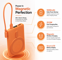 Batterie externe magnétique sans fil ultra-fine 5000 mAh, charge rapide 22,5 W, chargeur portable avec écran LCD, sorties USB-C et USB-A