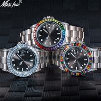 Reloj de Pulsera de Acero Inoxidable con Esfera de Diamantes de Hip Hop al por Mayor, Reloj de Cuarzo con Movimiento Japonés, Reloj de Oro con Piedras de Arcoíris para Hombre