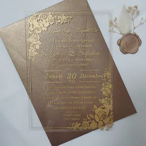 custom brassiness golden glitter modern floral love clear luxury wedding invitation acrylic mariage xv quinceanera party event